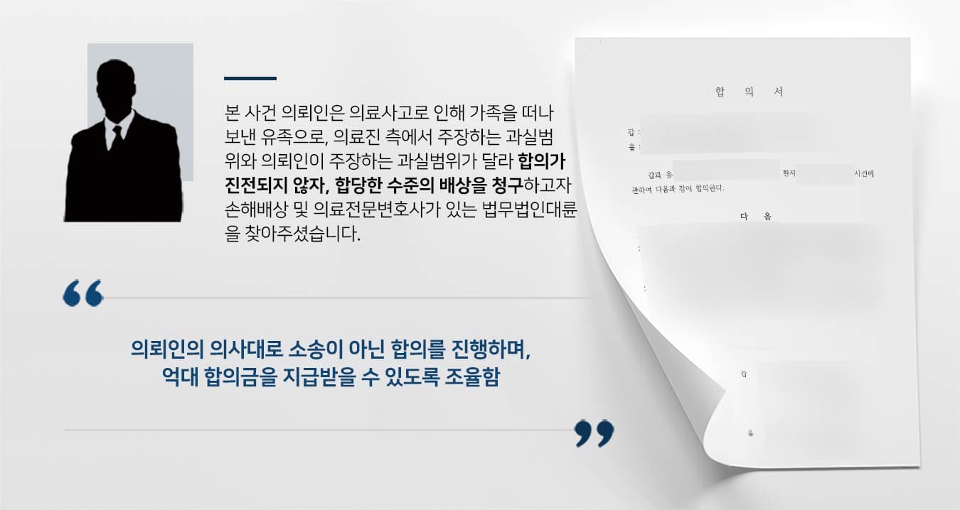 본 사건 의뢰인은 의료사고로 인해 가족을 떠나 보낸 유족으로, 의료진 측에서 주장하는 과실범 위와 의뢰인이 주장하는 과실범위가 달라 합의가 진전되지 않자, 합당한 수준의 배상을 청구하고자 손해배상 및 의료전문변호사가 있는 법무법인대륜 을 찾아주셨습니다.  의뢰인의 의사대로 소송이 아닌 합의를 진행하며, 억대 합의금을 지급받을 수 있도록 조율함